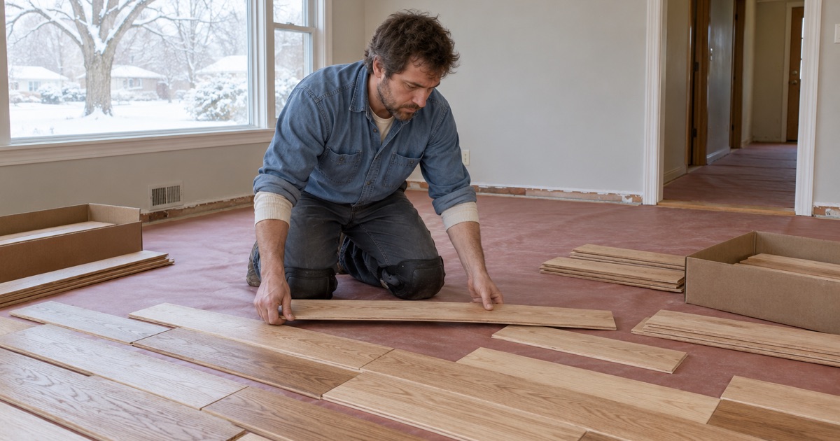 Worker laying red oak boards from several cartons side by side on a Minnetonka floor, blending the color before any board is nailed.