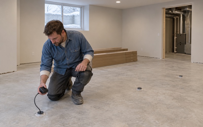 Worker reading a relative humidity probe set into a drilled hole in a Minnetonka basement slab, with engineered oak plank stacked flat nearby to acclimate.