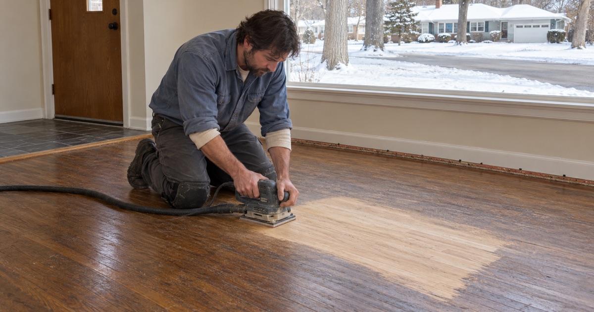 Worker running an orbital sander across one test patch of a 1950s Glen Lake rambler floor, bright bare oak showing inside the amber of the old finish.