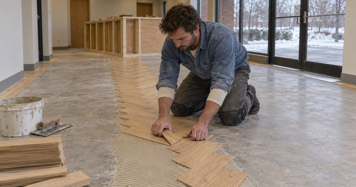 Worker setting a white oak herringbone block to a chalked centerline in the lobby of a Minnetonka office suite, a plain border framing the field.