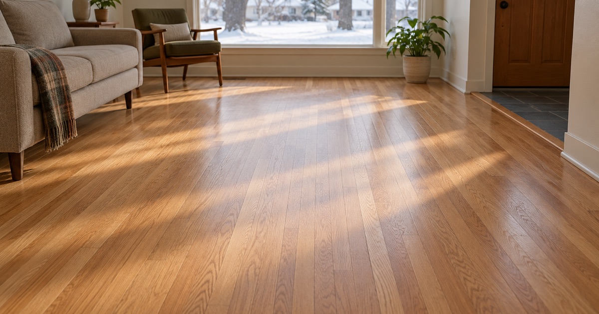 A refinished red oak floor in a 1950s Minnetonka rambler living room, winter light from the picture window running the length of the boards, with no people in frame.