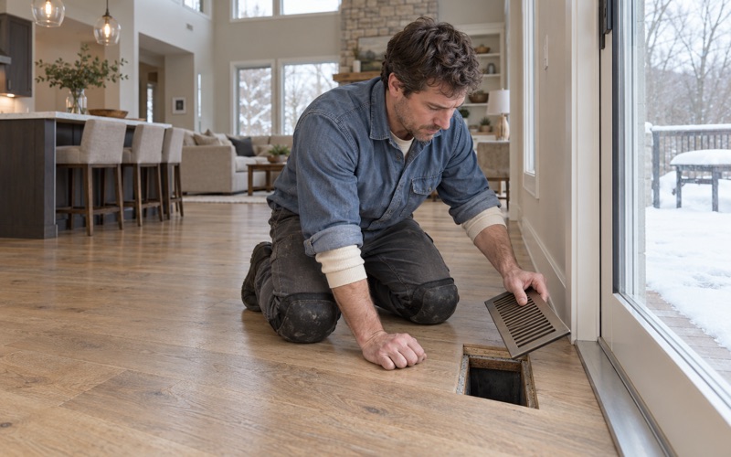 Worker lifting a floor register out of an engineered oak floor to read the wear layer at the cut edge before any sanding is promised.