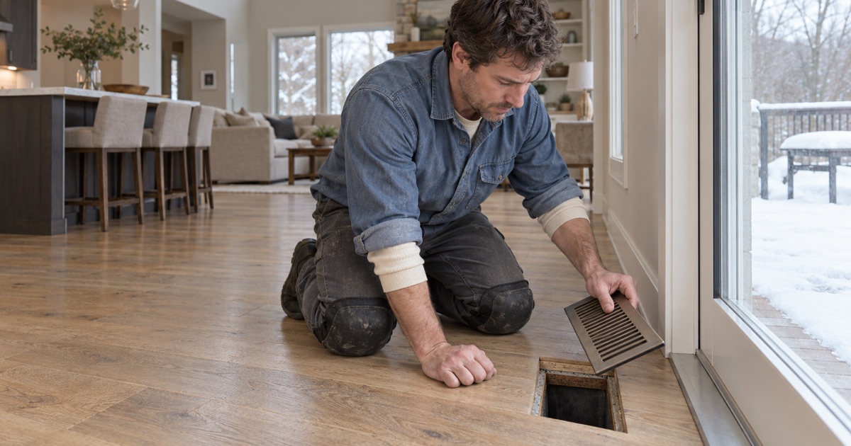 Worker lifting a floor register out of an engineered oak floor to read the wear layer at the cut edge before any sanding is promised.