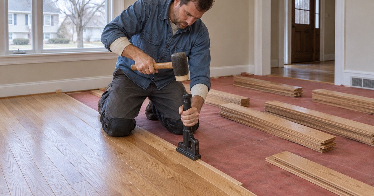 Worker striking a flooring nailer seated on the tongue edge of a red oak strip, installing a new floor over plywood in a Minnetonka two-story.