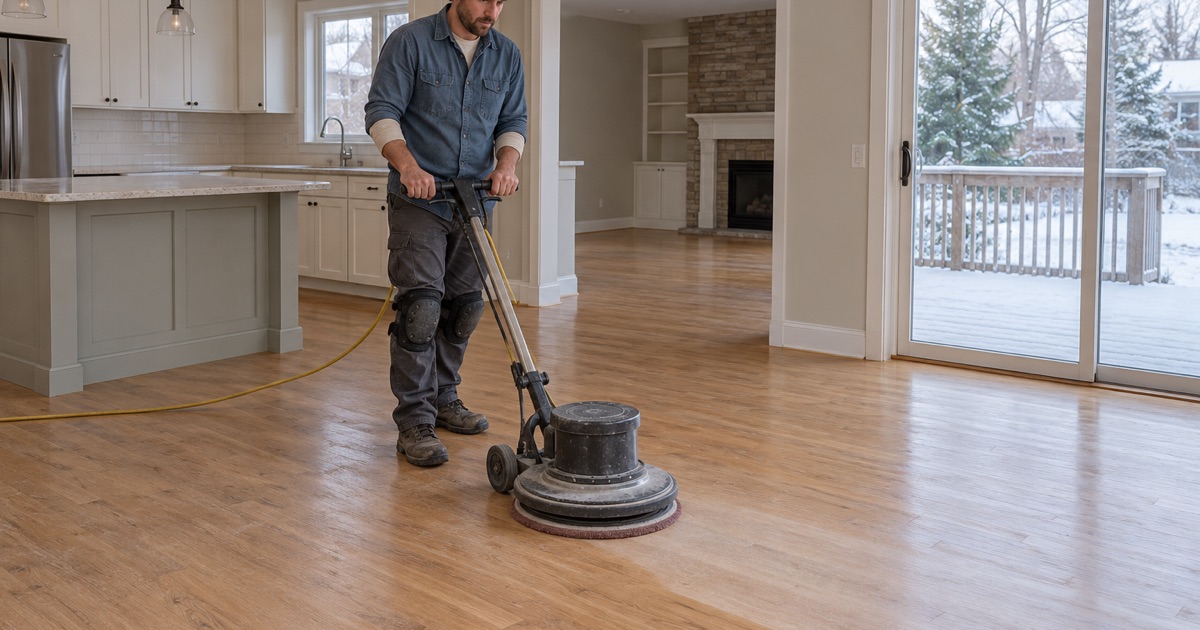 Worker guiding a floor buffer with an abrasive screen across a dull but intact oak finish, the step before a single fresh coat goes on.