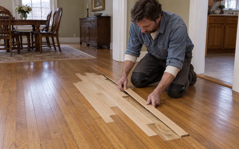 Worker tapping a new red oak strip tight into a laced repair, the replacement boards staggered into the old floor rather than cut as a square patch.