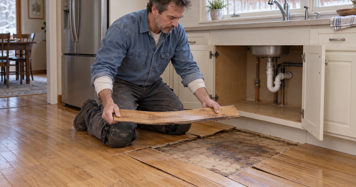 Worker lifting a cut length of cupped white oak away from the sink base after a frozen supply line, the darkened plywood subfloor showing beneath.