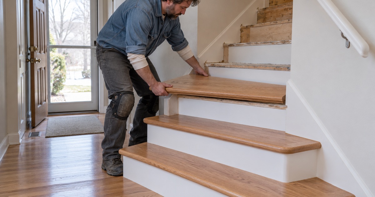 Worker setting a new oak tread with a rounded bullnose onto a carpet-stripped staircase in a Minnetonka split level, painted risers between.