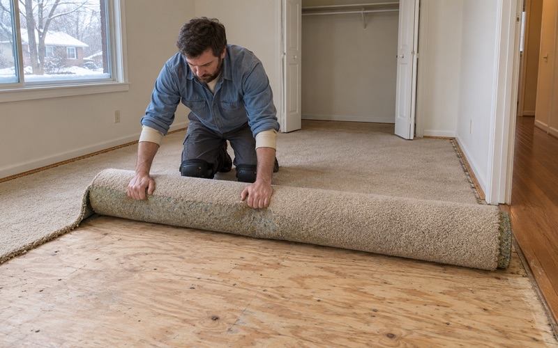 Worker rolling old carpet off a plywood subfloor in a Minnetonka split-level bedroom, ready for a new hardwood floor to go down.
