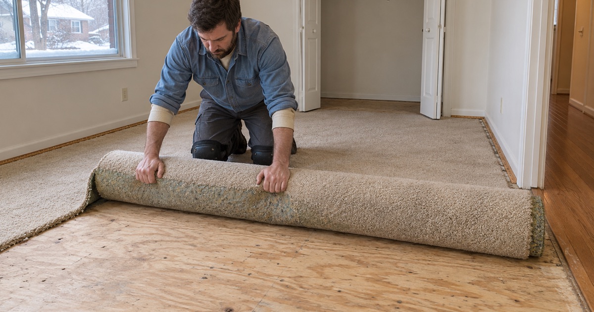 Worker rolling old carpet off a plywood subfloor in a Minnetonka split-level bedroom, ready for a new hardwood floor to go down.