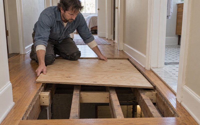 Worker lowering a new plywood subfloor panel onto exposed joists in a Minnetonka hallway, the oak strip floor cut back to sound wood on every side.