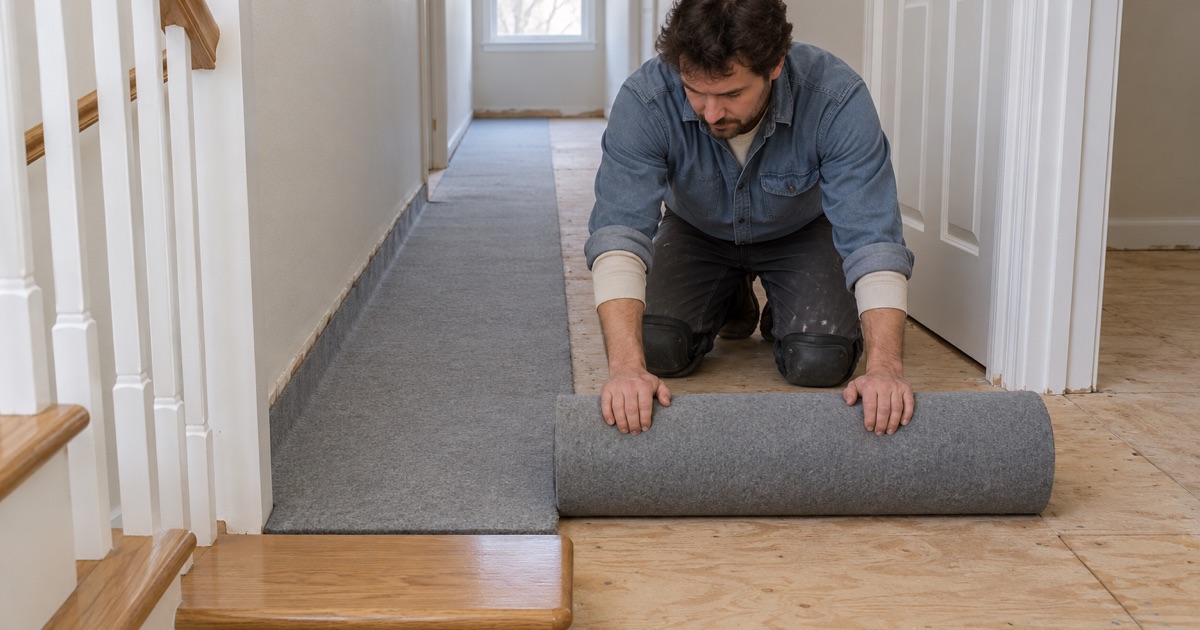 Worker unrolling acoustic underlayment across the upper hallway of a Minnetonka townhome, at the top of a stair already finished in oak treads.