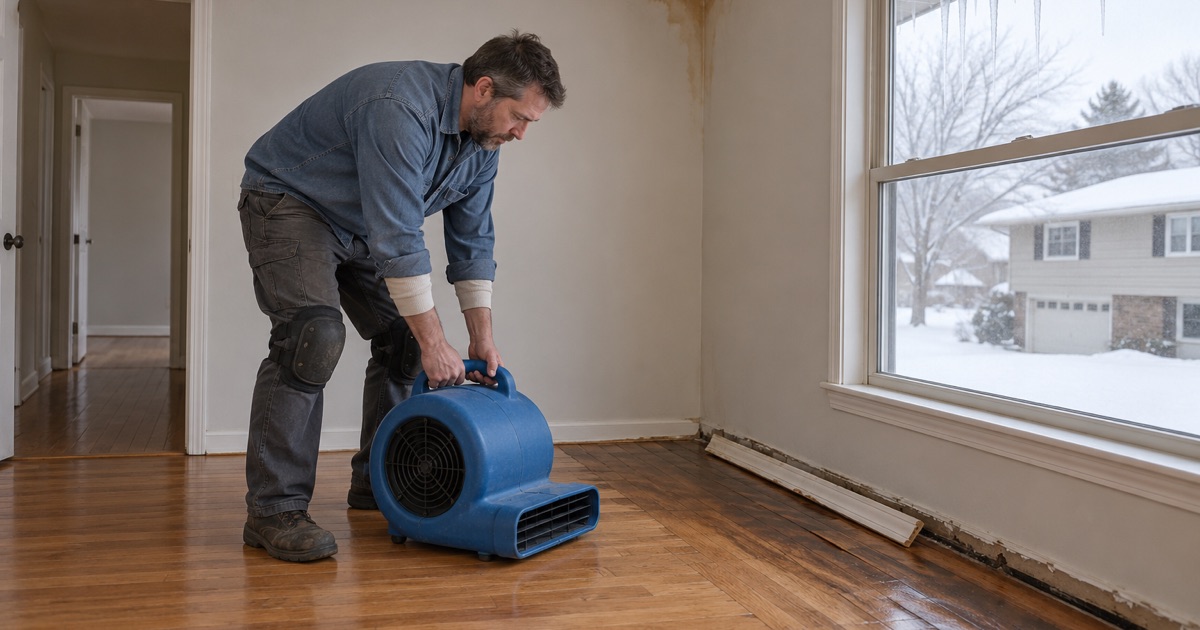 Worker setting a drying fan down on red oak strips beneath an ice-dam water stain in a Minnetonka ceiling, icicles hanging from the eave outside the window.
