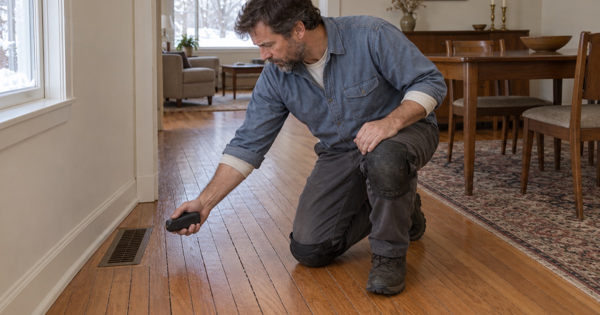 Worker kneeling beside a floor register in a heated winter room, reading indoor humidity over red oak strips that have opened fine gaps along their edges.