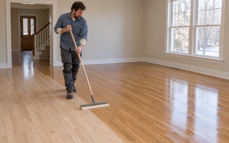 Worker walking backwards as he spreads waterborne finish across freshly sanded white oak, the coated half reading wet and darker than the raw half.