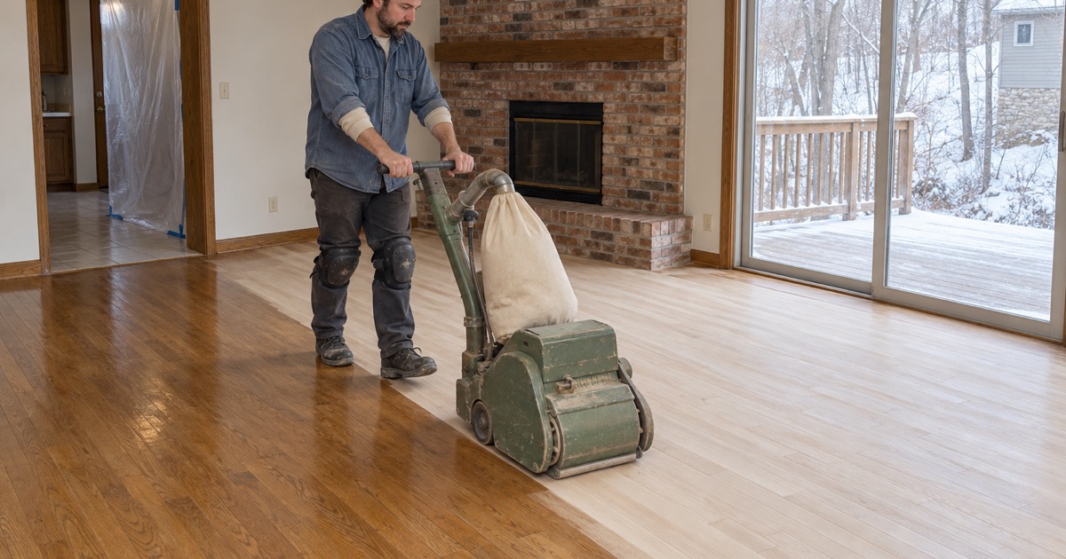 Worker walking a drum sander down the length of red oak strip flooring in a 1980s Minnetonka two-story family room, the sanded lane pale against the amber old finish.